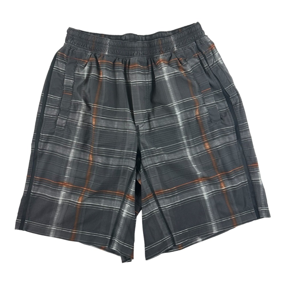 Lululemon Mens Gray Orange Checked Lined Athletic Shorts Size M